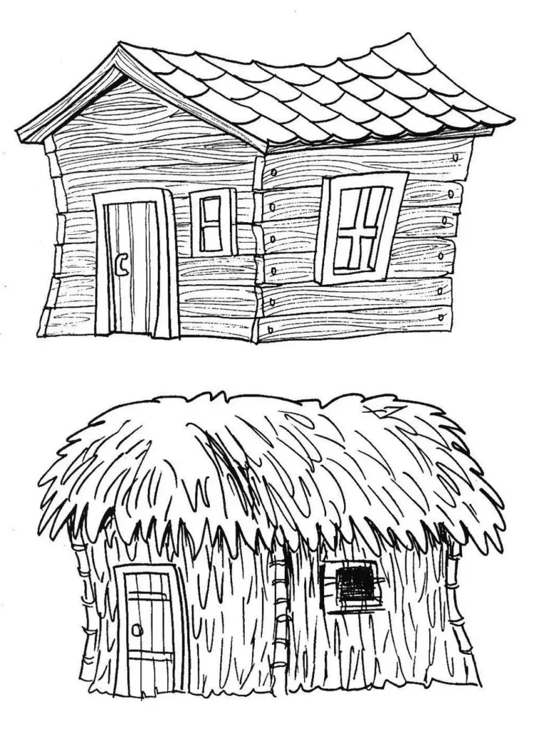 Casa de palha e casa de madeira dos Três Porquinhos para colorir.
