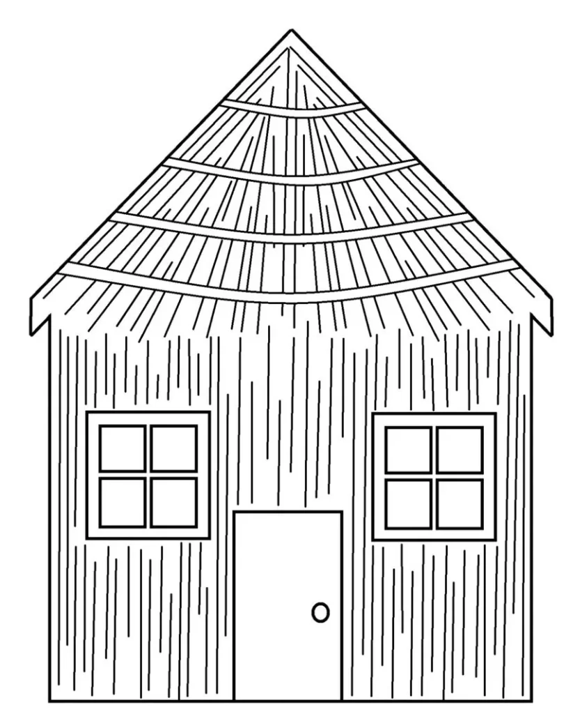 Casa de palha dos Três Porquinhos para colorir em PDF. Desenho da moradia simples com telhado de palha e janelas quadradas.
