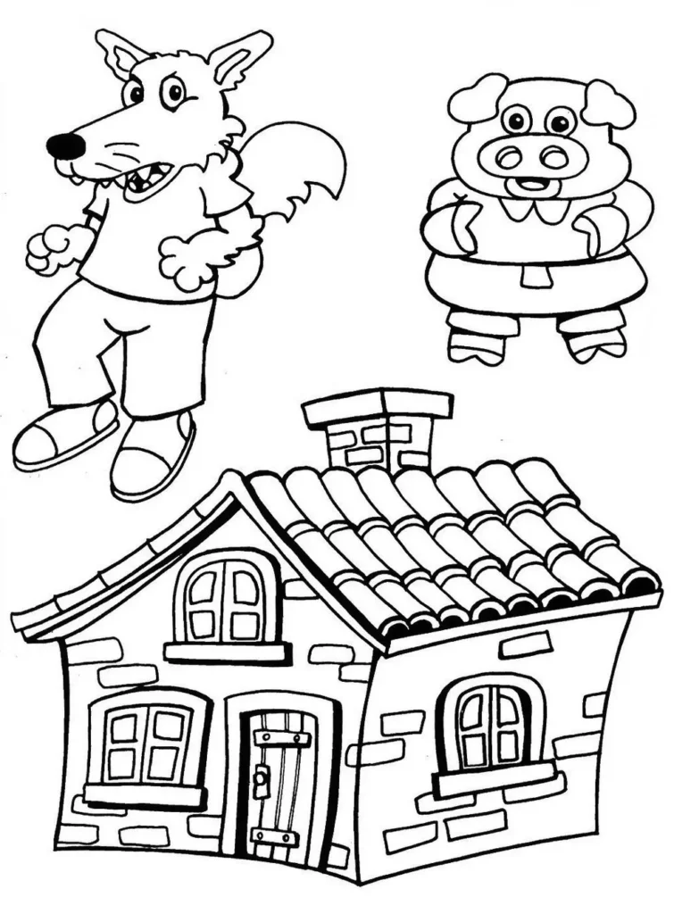 Três Porquinhos: desenho da casa de tijolo para colorir. Lobo Mau e um dos porquinhos em cena.