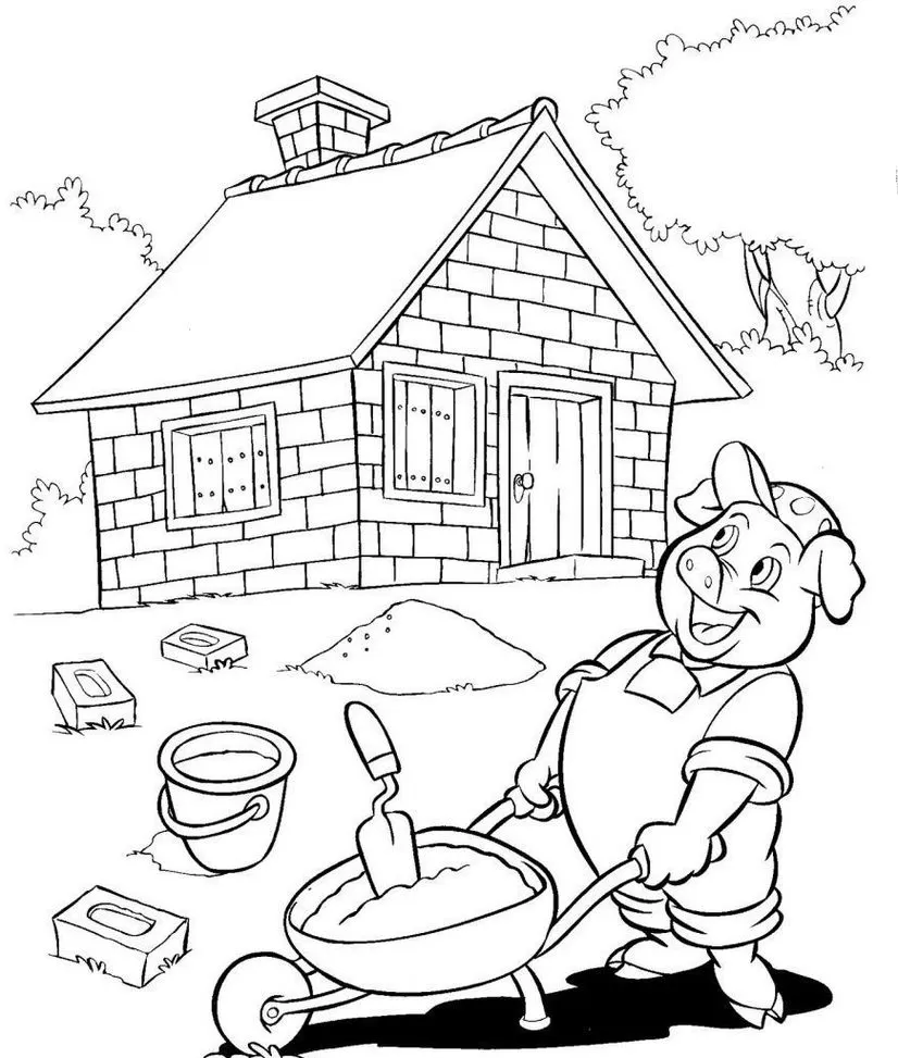Porquinho construtor trabalhando na casa de tijolos: desenho para colorir.