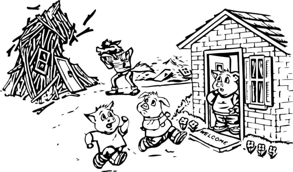 Cena dos Três Porquinhos: casa de palha destruída, lobo frustrado e porquinhos correndo para a casa de tijolos, pronto para colorir em PDF.