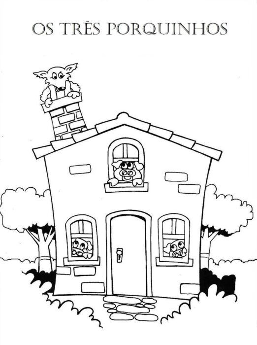 Três Porquinhos e o Lobo Mau: desenho para colorir em PDF. Casa de alvenaria com porquinhos nas janelas e o lobo na chaminé.
