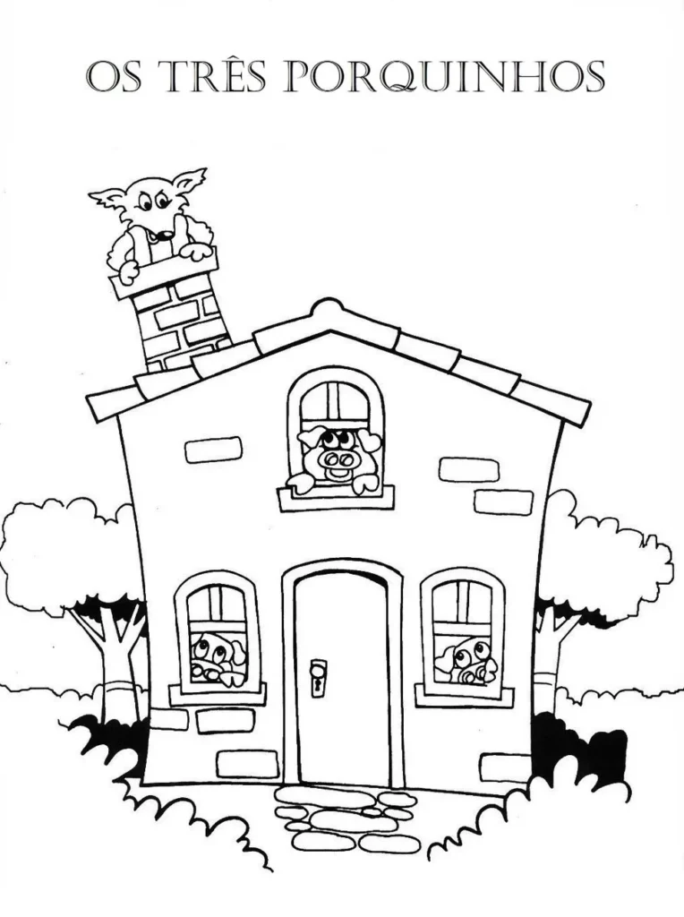 Três Porquinhos e o Lobo Mau: desenho para colorir em PDF. Casa de alvenaria com porquinhos nas janelas e o lobo na chaminé.