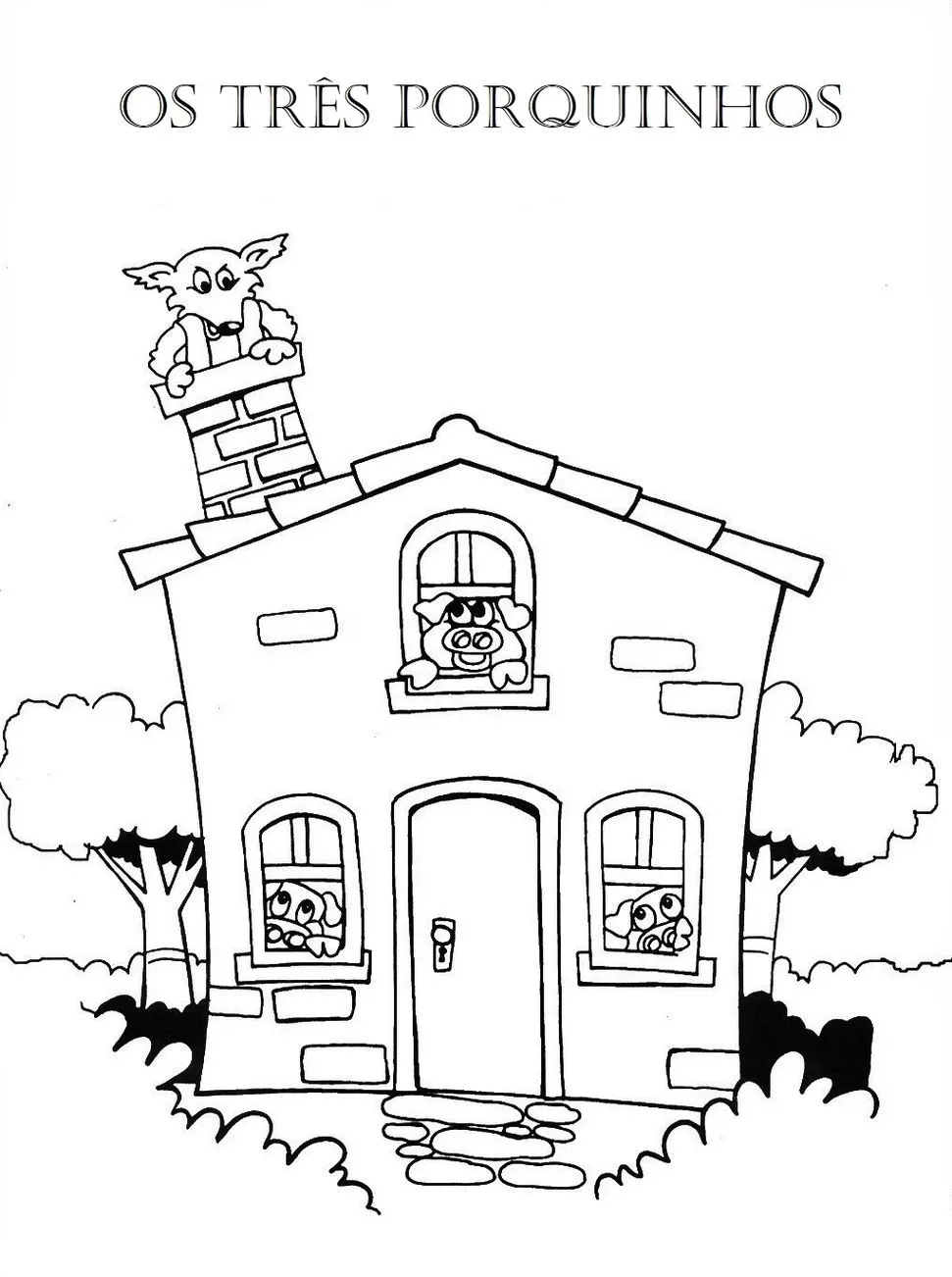 Três Porquinhos e o Lobo Mau: desenho para colorir em PDF. Casa de alvenaria com porquinhos nas janelas e o lobo na chaminé.