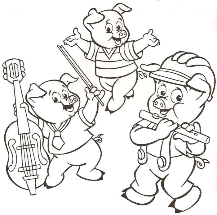 Os Três Porquinhos músicos: desenho para colorir em PDF