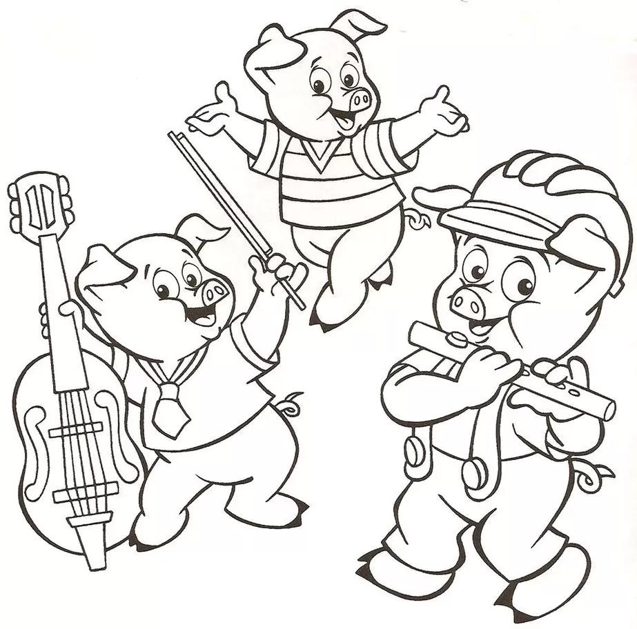 Os Três Porquinhos músicos: desenho para colorir em PDF