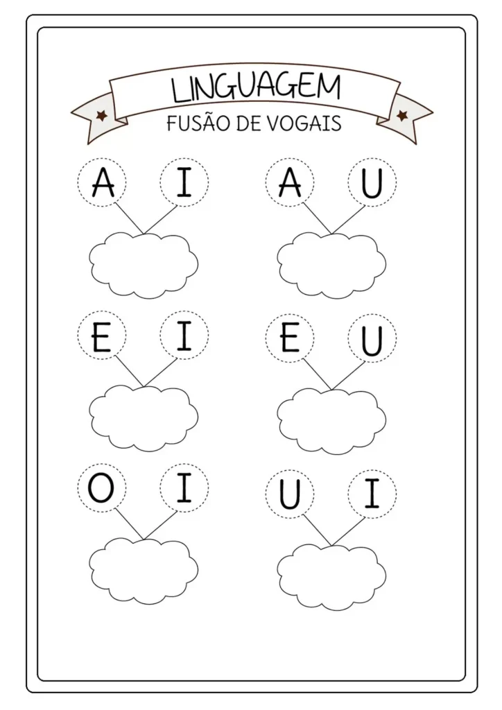 Atividade lúdica para aprender a junção das vogais: A, E, I, O, U.