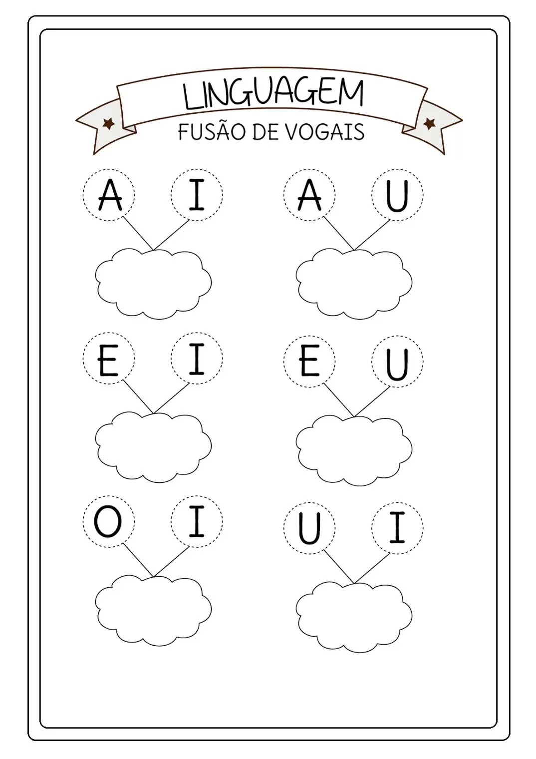 Atividade lúdica para aprender a junção das vogais: A, E, I, O, U.
