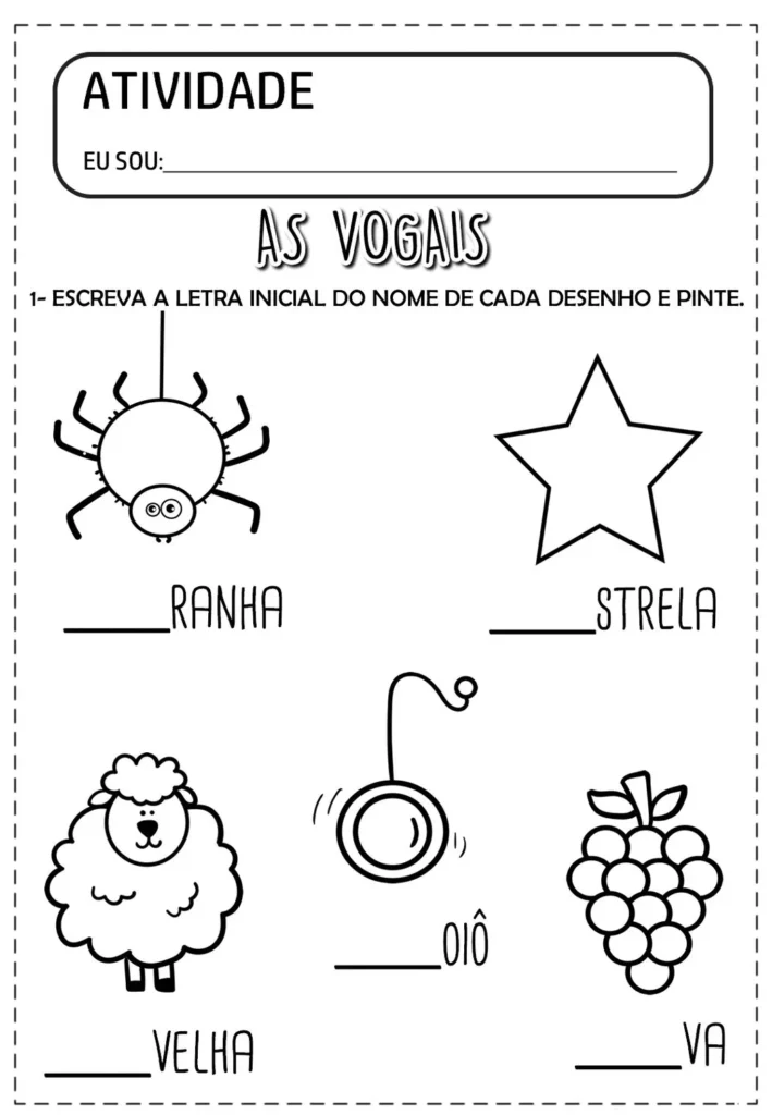 Atividade vogais para crianças: Aranha, Estrela, Ovelha, Ioiô, Uva.