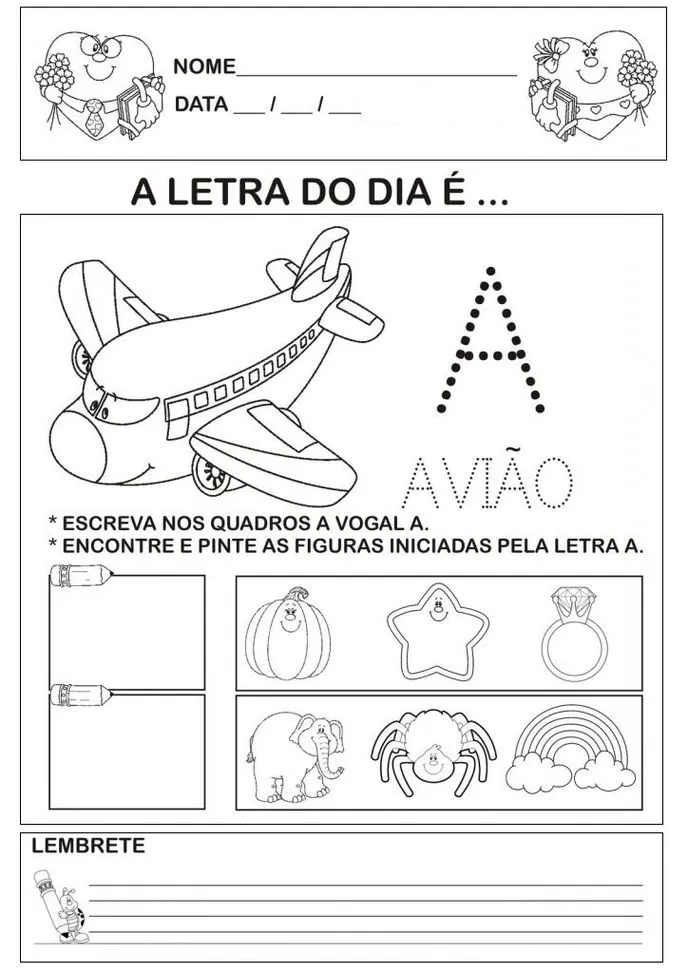 Atividade educativa com a letra A para crianças: avião, abóbora, anel, aranha.