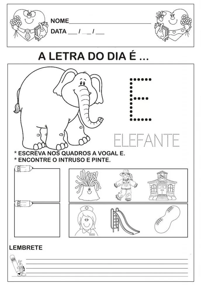Atividade de alfabetização com a vogal E: elefante para colorir e exercícios de escrita.