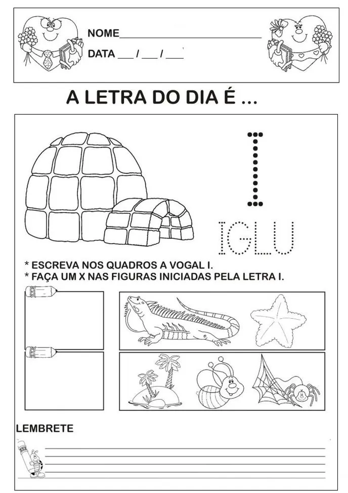 Atividade escolar para alfabetização focada na vogal 'I'. Crianças aprendem a escrever a letra e identificar figuras como Iglu e Iguana.