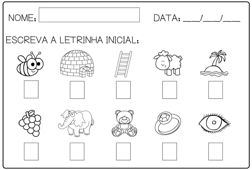 Atividade de alfabetização: Identifique e escreva a letra inicial de abelha, iglu, escada, ovelha, ilha, uva, elefante, urso, anel e olho.