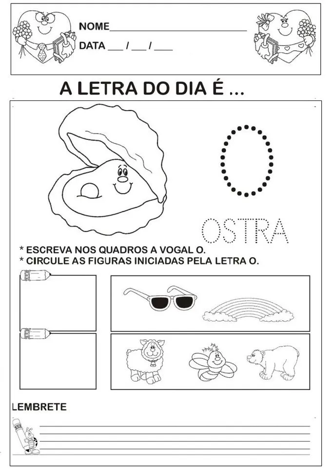 Atividade de alfabetização com a vogal 'O': tracejado, escrita e identificação de figuras.