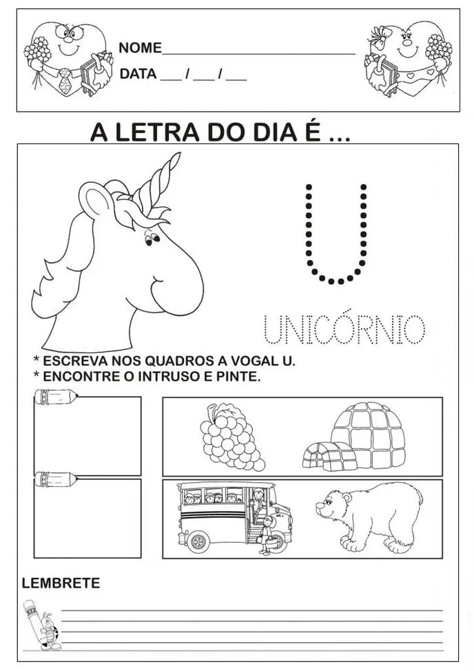 Atividade lúdica com a vogal U para crianças.