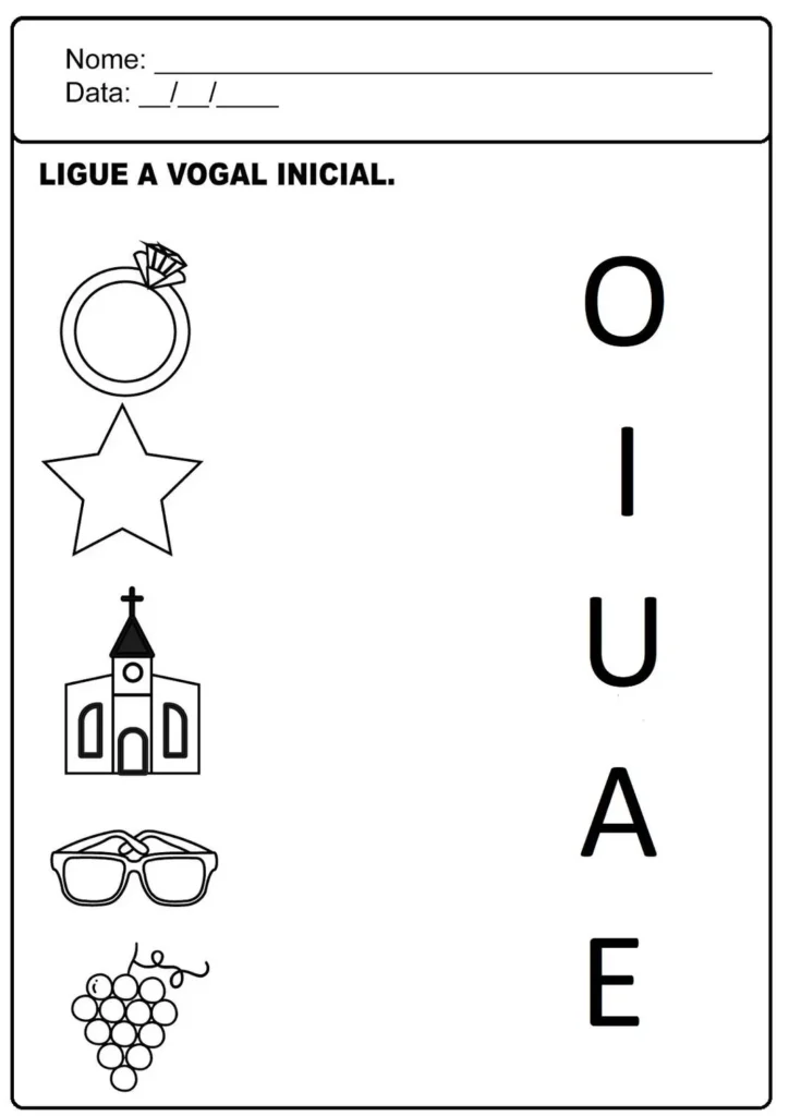 Atividade vogais iniciais: conecte os desenhos à vogal correspondente