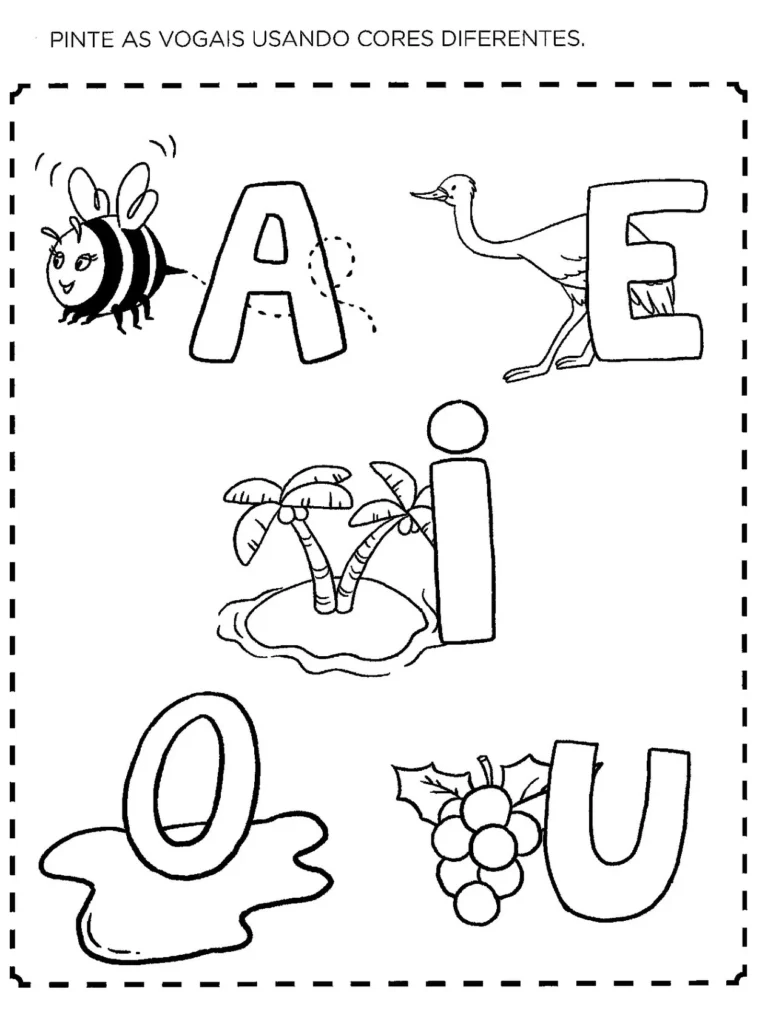 Atividade lúdica com as vogais: abelha, avestruz, ilha, óleo e uvas.