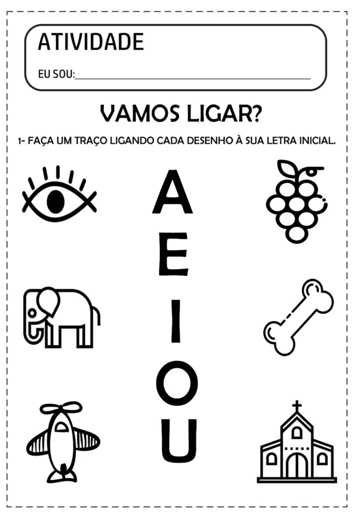 Atividade de alfabetização com vogais: ligue os desenhos às letras iniciais.