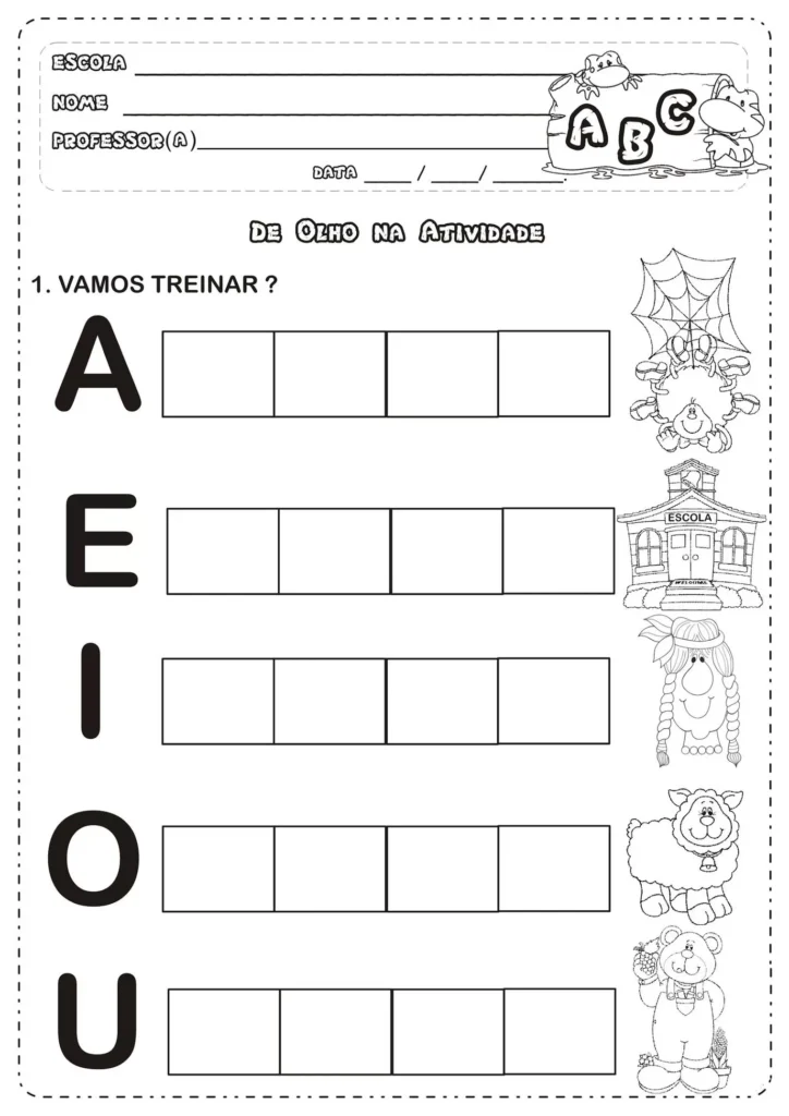 Atividade escolar de alfabetização com vogais para completar palavras, incluindo desenhos de animais e objetos.