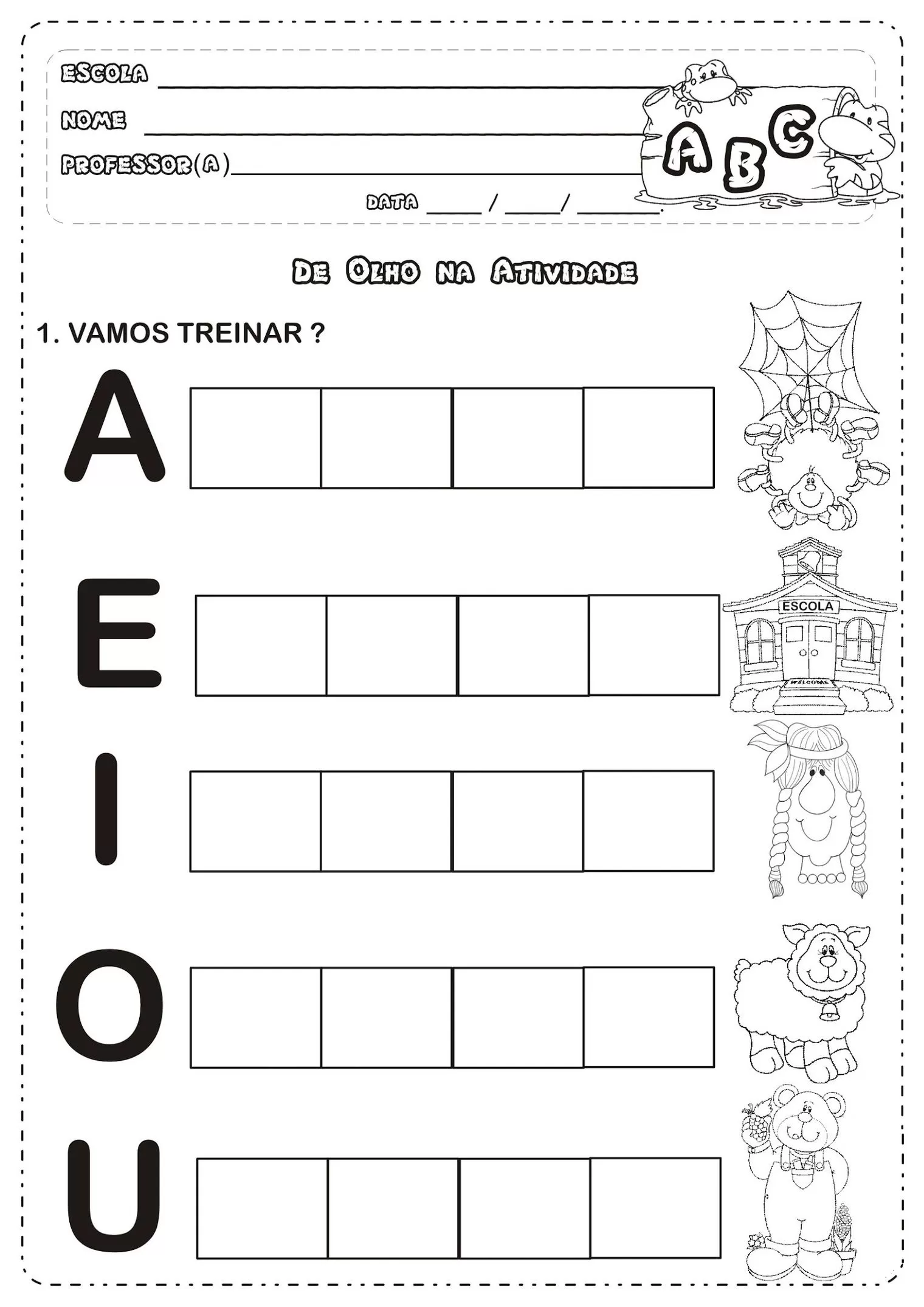 Atividade escolar de alfabetização com vogais para completar palavras, incluindo desenhos de animais e objetos.