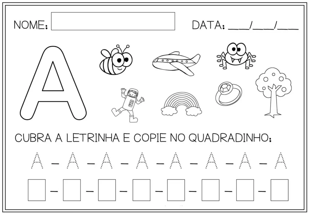 Atividade de alfabetização para crianças: aprendendo a vogal A com desenhos de abelha, avião e outros.