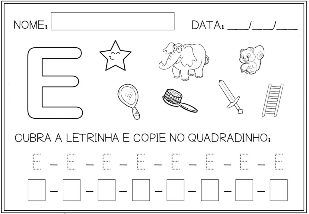 Atividade de alfabetização com a vogal 'E' para crianças: aprenda a letra 'E' com estrela, elefante, esquilo e outros desenhos.