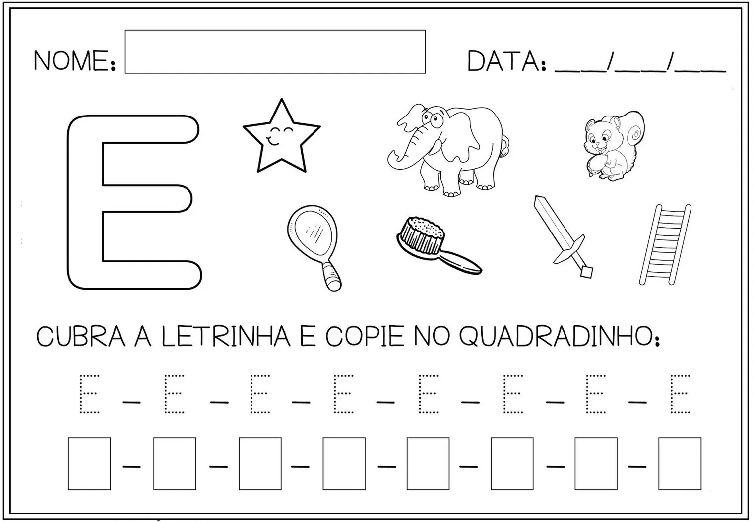 Atividade de alfabetização com a vogal 'E' para crianças: aprenda a letra 'E' com estrela, elefante, esquilo e outros desenhos.