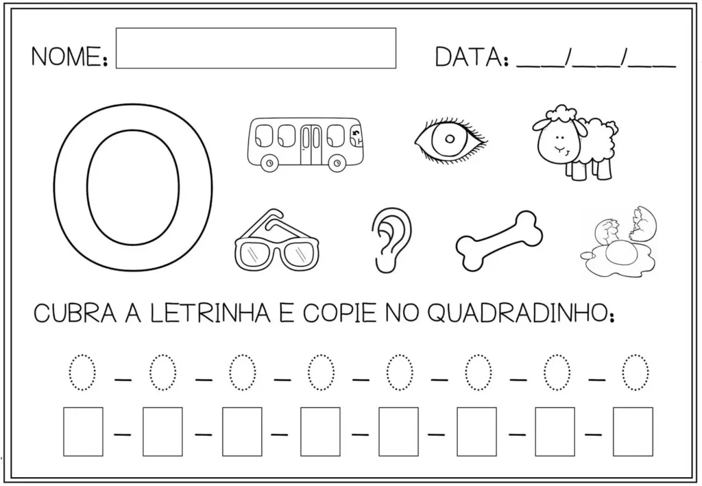 Atividade com a letra 'O' para alfabetização: ônibus, olho, óculos e mais.