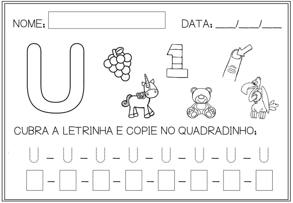 Atividade de alfabetização com a vogal U: uvas, unicórnio, um, unha e urubu.