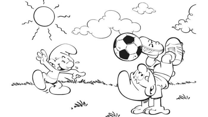 Smurfs jogando futebol de bicicleta em dia ensolarado. Desenho para colorir.