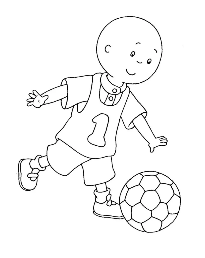 Caillou jogador de futebol pronto para colorir. Garoto careca com camisa número 1 chutando bola.