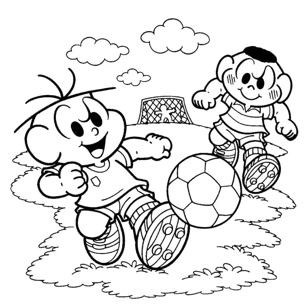 Cebolinha e Cascão jogando futebol: desenho para colorir