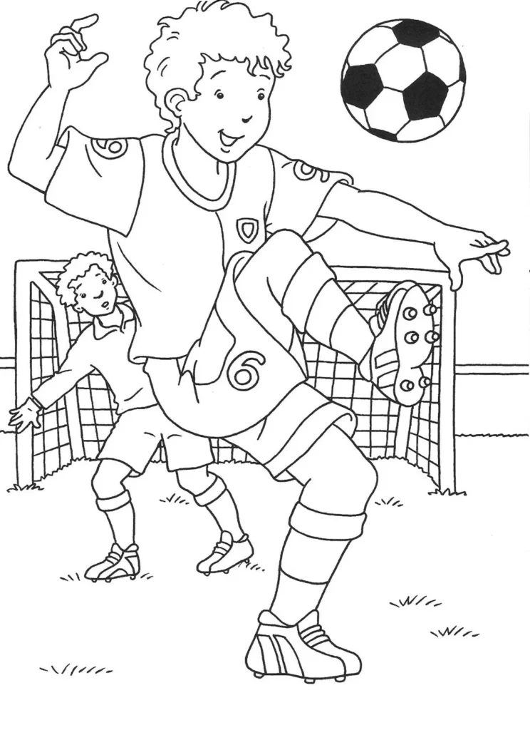 Jogador de futebol chutando a bola em desenho para colorir.