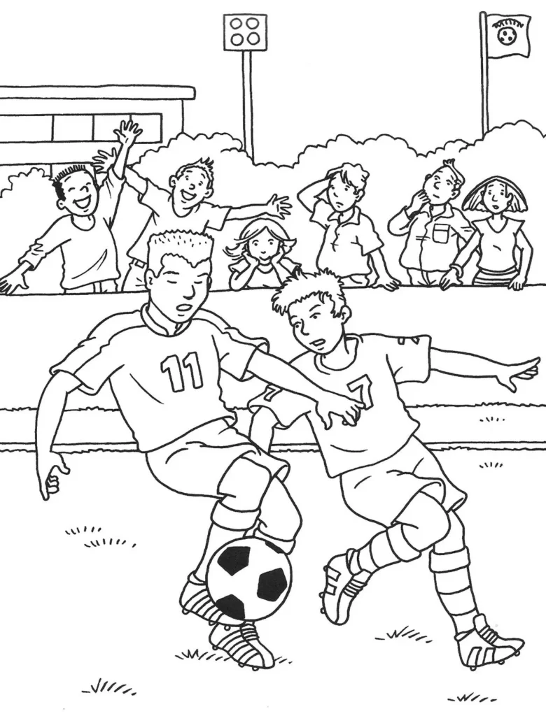 Futebol: Competição acirrada em desenho para colorir. Jogadores disputam a bola em campo, com torcida vibrante ao fundo.