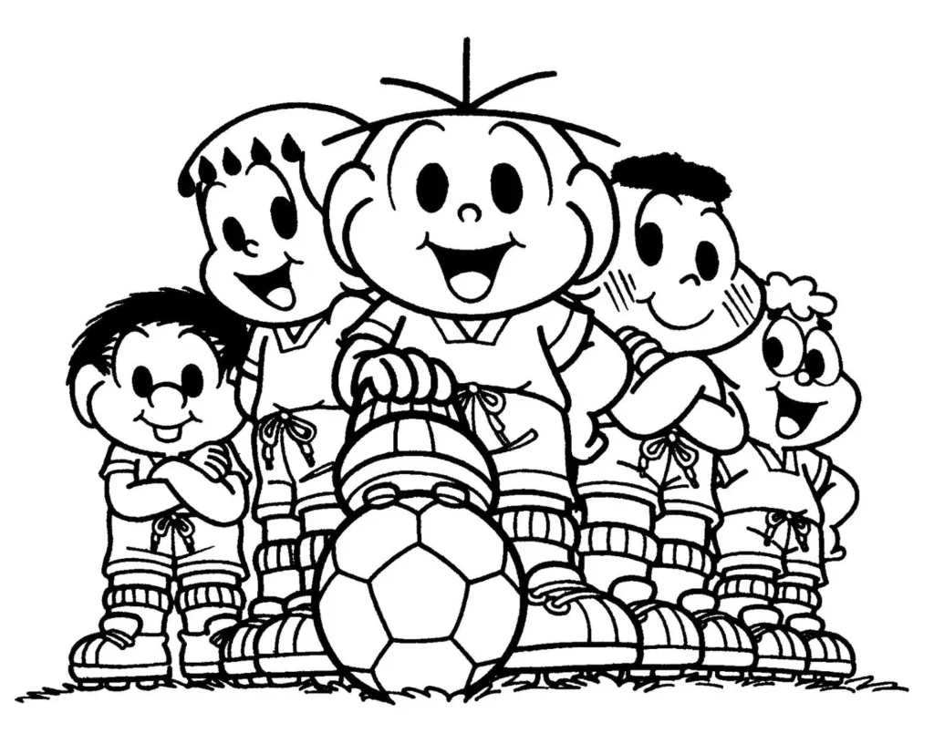 Grupo de jovens jogadores de futebol em uniforme, desenho para colorir.