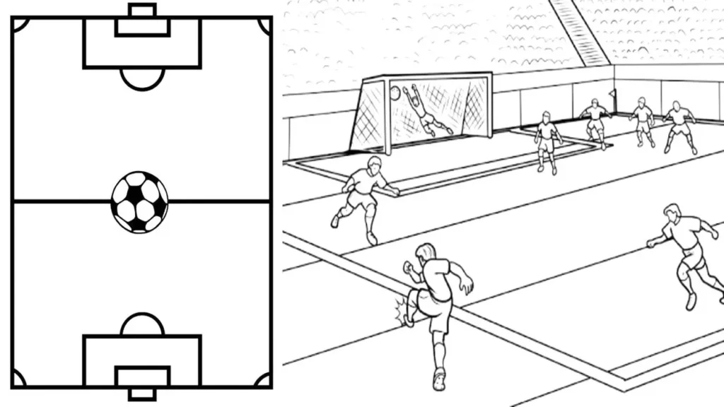 Campo de futebol e cena de jogo para colorir.