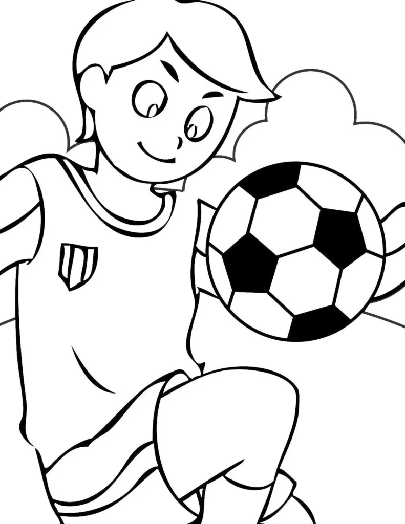 Garoto jogando futebol: desenho para colorir com foco na bola e uniforme esportivo.