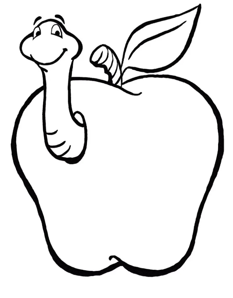 Desenhos de Minhocas para colorir Na Maça Minhoca sorrindo saindo de uma maçã, desenho para colorir.