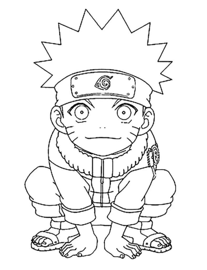Naruto para colorir: Desenho do ninja agachado em estilo mangá.