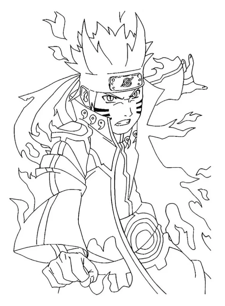 Naruto em forma de chakra com chamas para colorir