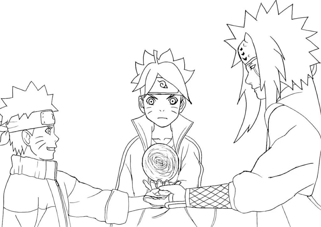 Naruto para colorir: Trio de ninjas unindo forças em estilo mangá.