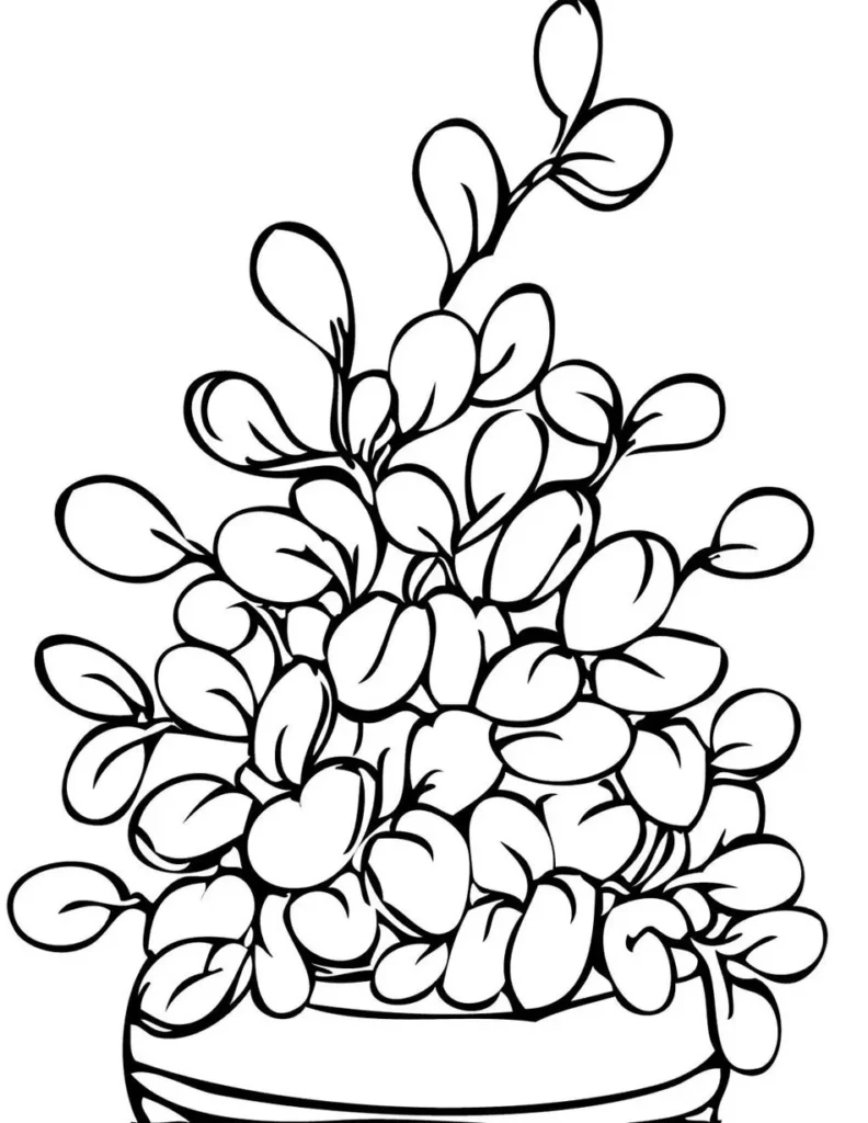 Arte de folhagens em vaso para colorir. Desenho com traços expressivos de folhas pequenas e arredondadas, formando um arbusto denso.