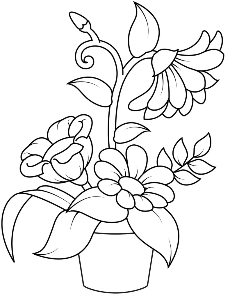Desenho de rosas e flores em vaso para colorir. Arte floral com linhas nítidas.