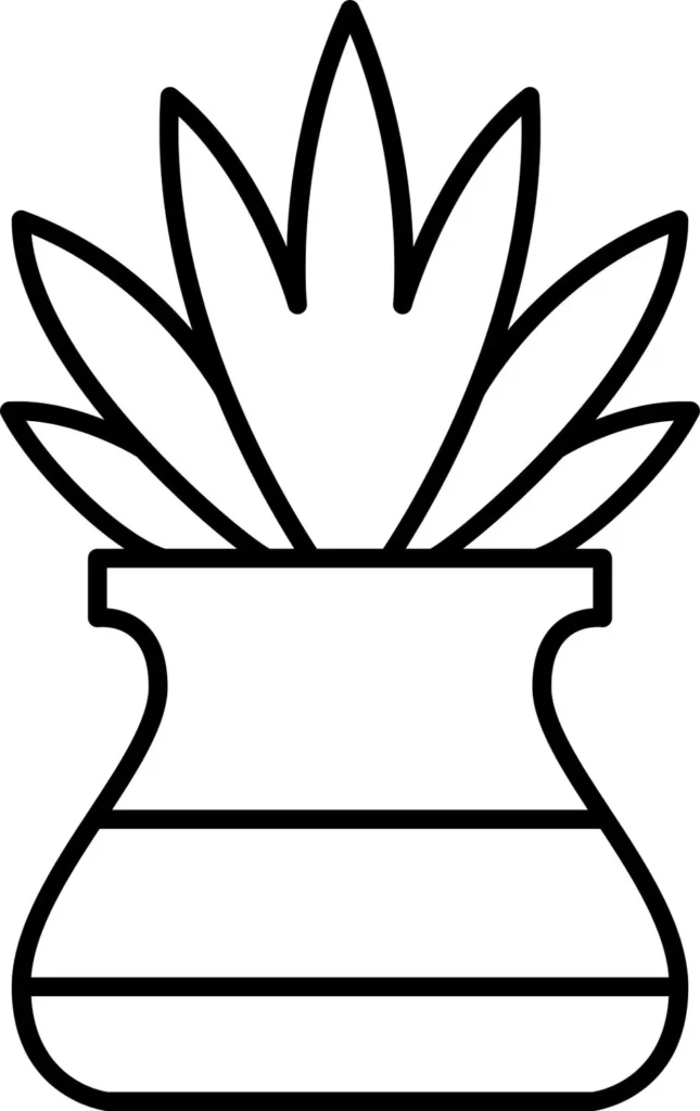 Vaso com planta para colorir. Desenho simples de um vaso curvo com planta de folhas longas.