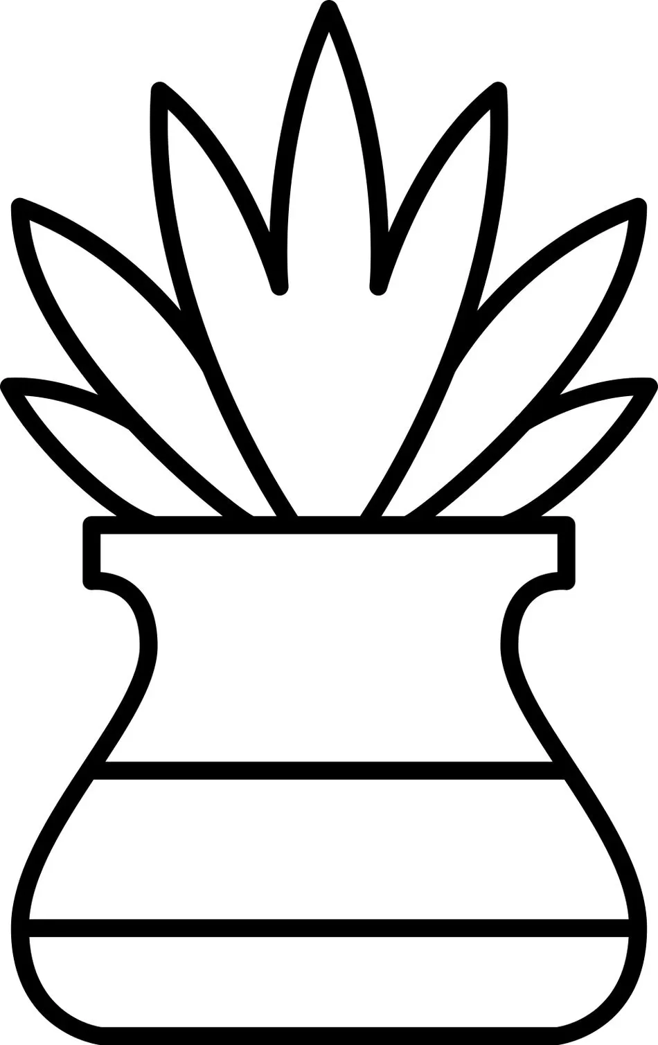 Vaso com planta para colorir. Desenho simples de um vaso curvo com planta de folhas longas.