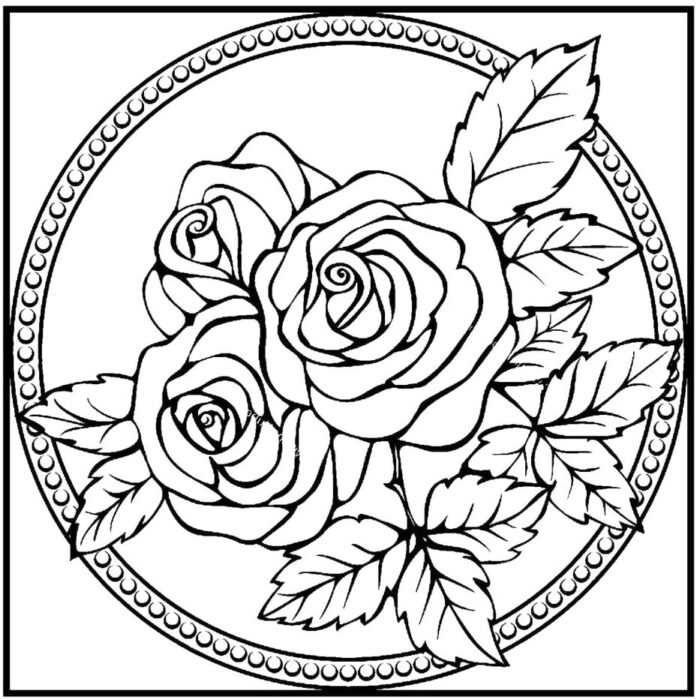 Monograma floral com rosas para colorir. Desenho com três rosas em diferentes fases de abertura e folhagens, emoldurado por círculo decorativo.