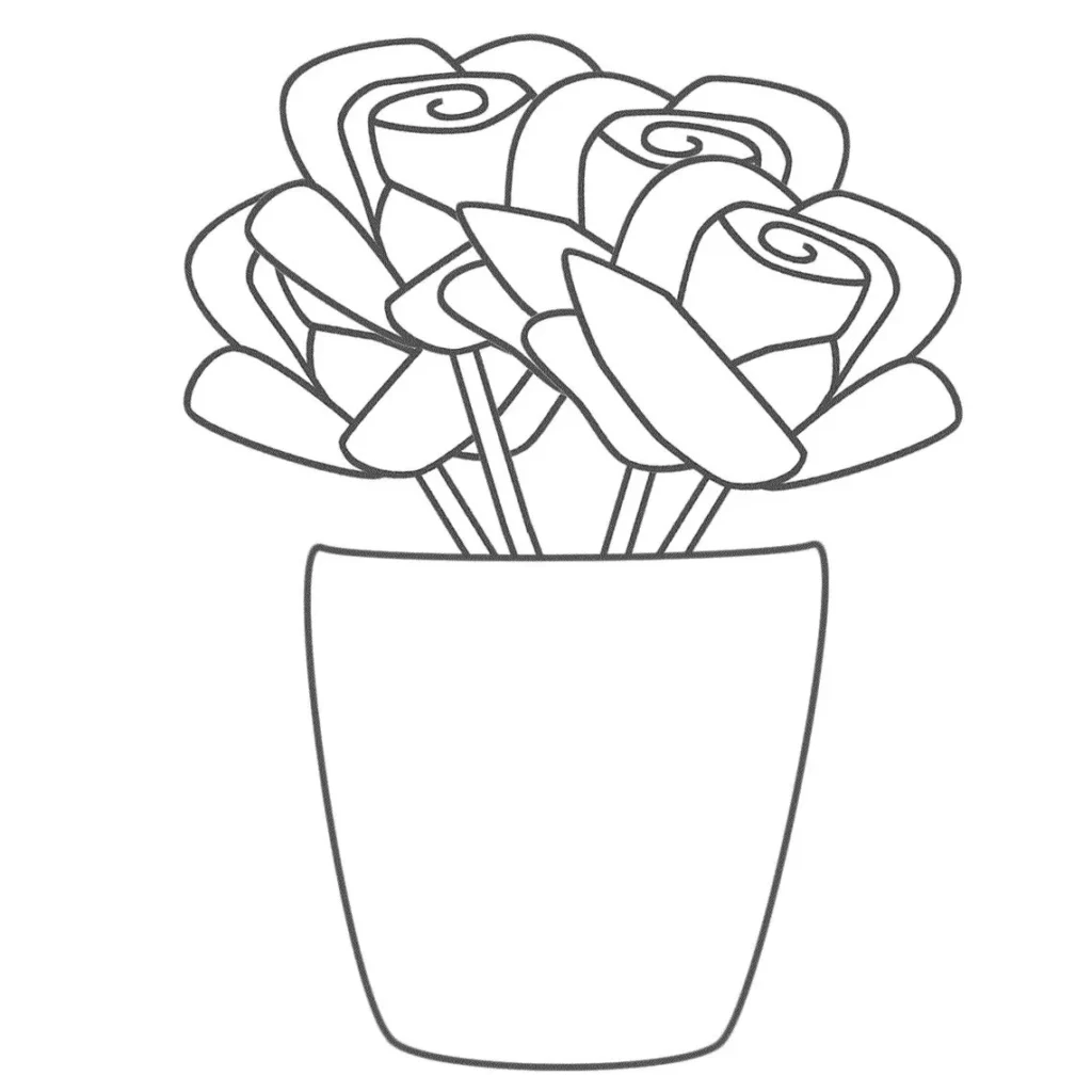 Rosas em vaso: desenho para colorir com pétalas espirais e vaso elegante.