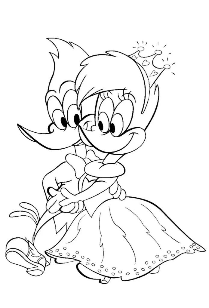 Pica-Pau e Winnie Woodpecker dançando: desenho para colorir do clássico desenho animado.