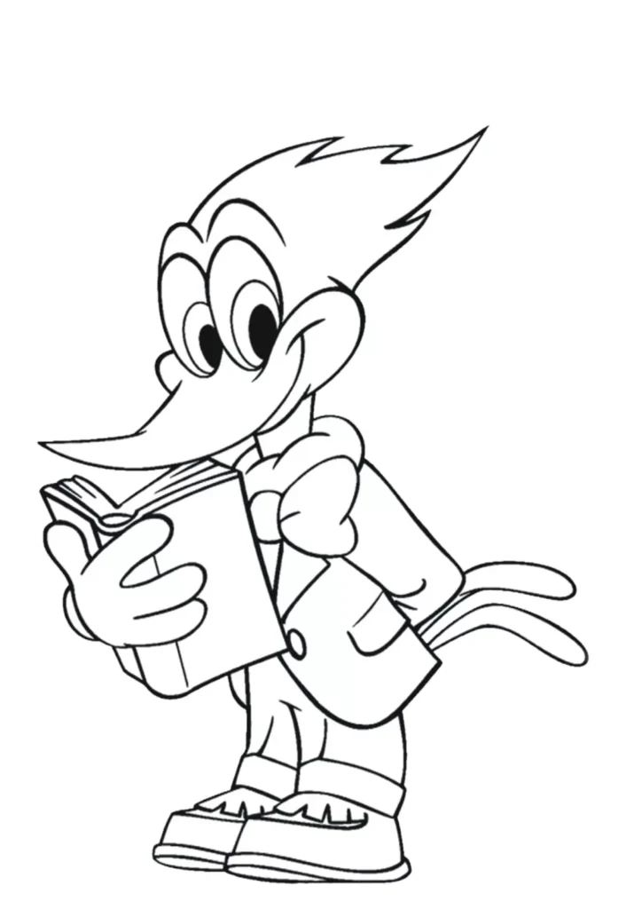 Pica Pau vestido com paletó e gravata borboleta lendo um livro, pronto para colorir.