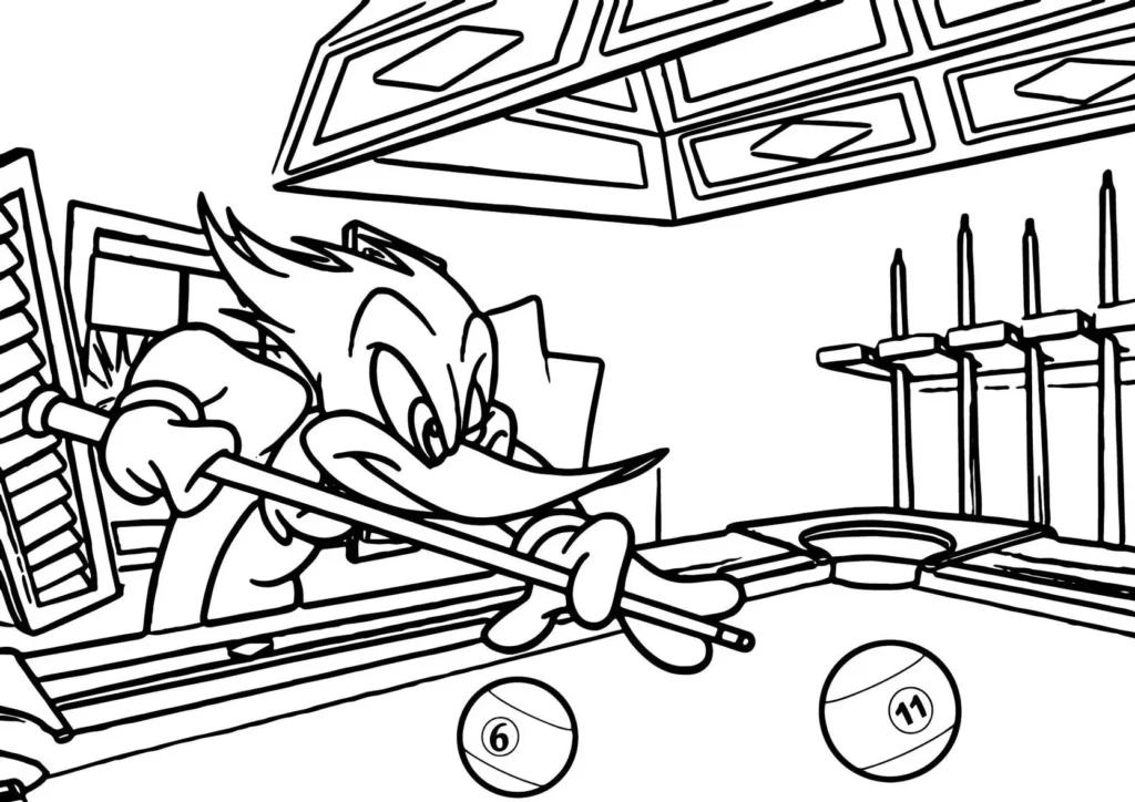 Pica Pau jogando sinuca: desenho para colorir com mesa, taco e bolas numeradas.